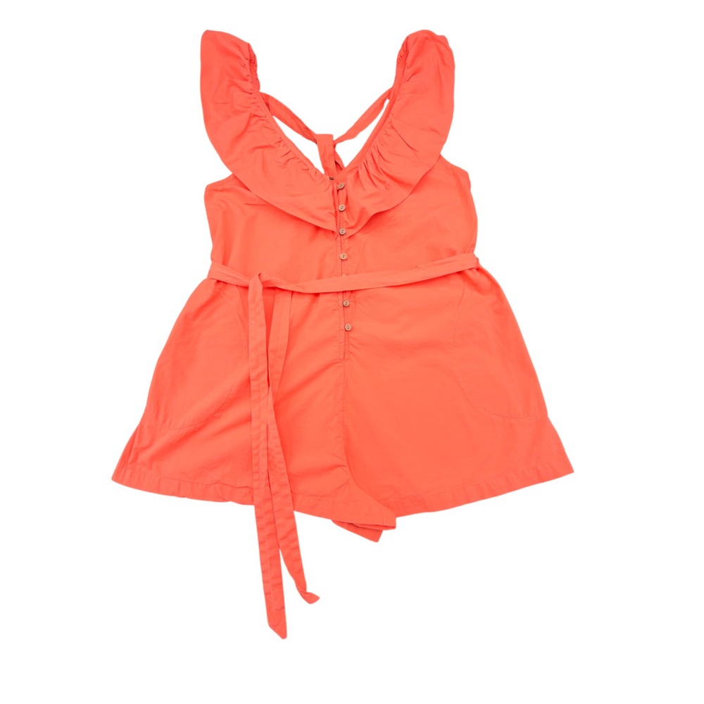 Free People Coral Orange Ruffle Neck Button Front Tie Waist Romper Womens Medium
